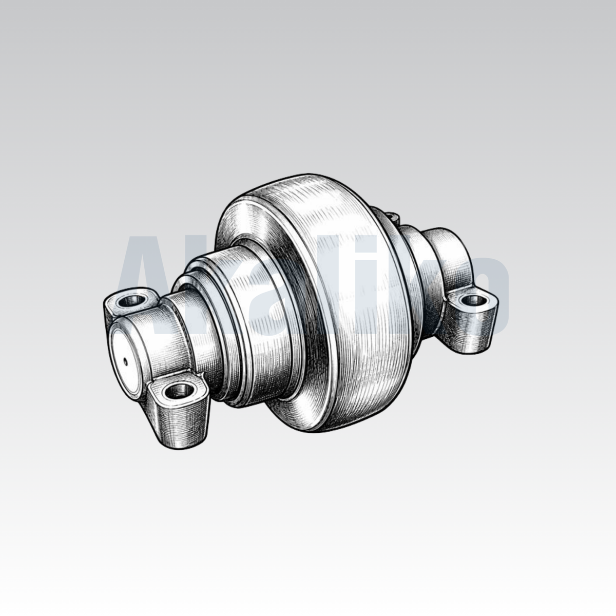 Akaliko placeholder image for a track roller showing an artistically drawn barrel-shaped roller on a grey background with Akaliko watermark in blue.