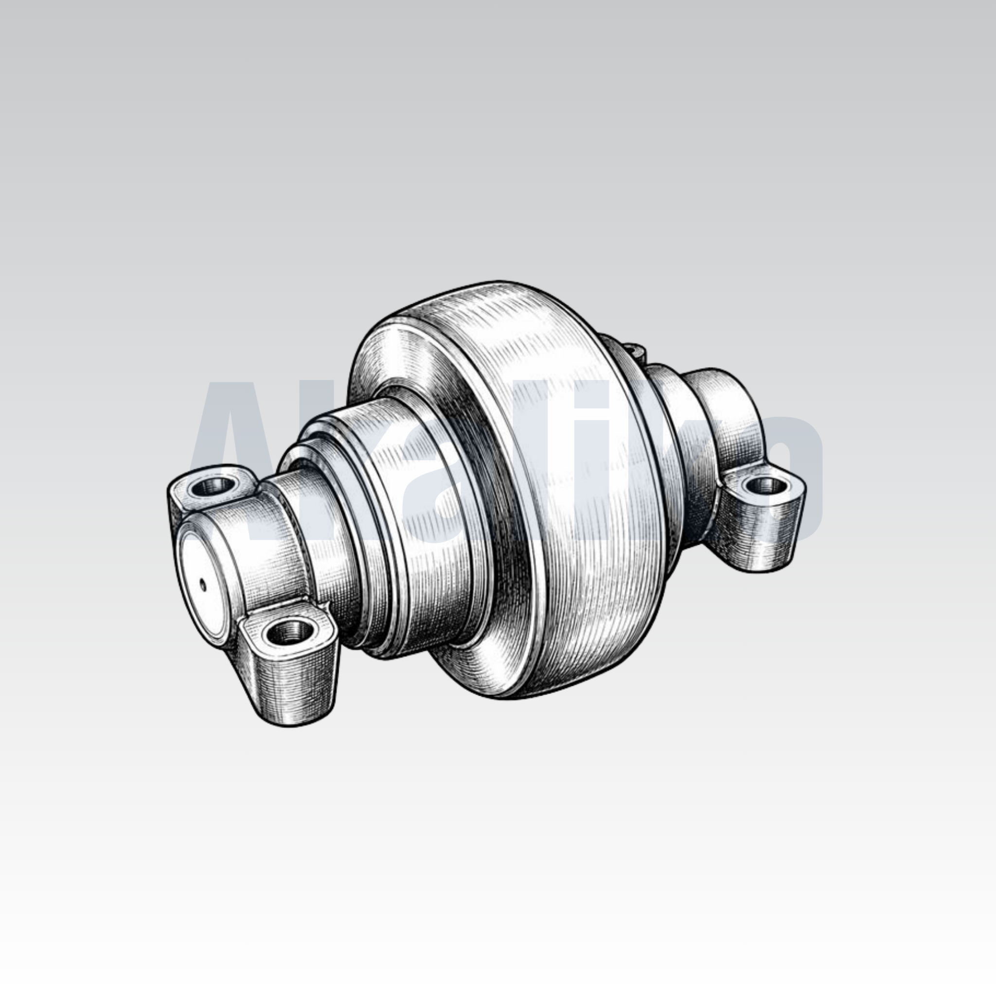 Akaliko placeholder image for a track roller showing an artistically drawn barrel-shaped roller on a grey background with Akaliko watermark in blue.