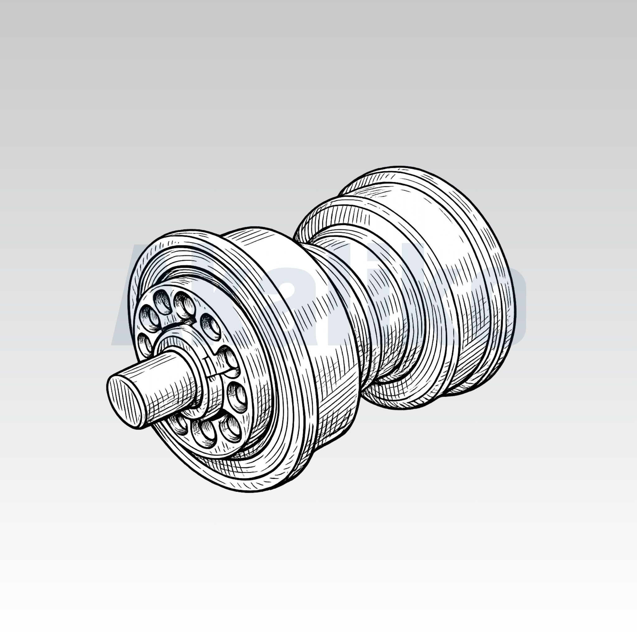 Akaliko placeholder image for a carrier roller showing an artistically drawn carrier roller on a grey background with Akaliko watermark in blue.