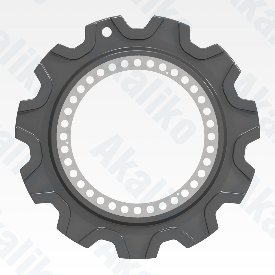 Side view of replacement/aftermarket brand new sprocket for Caterpillar 6020/6020B excavator.