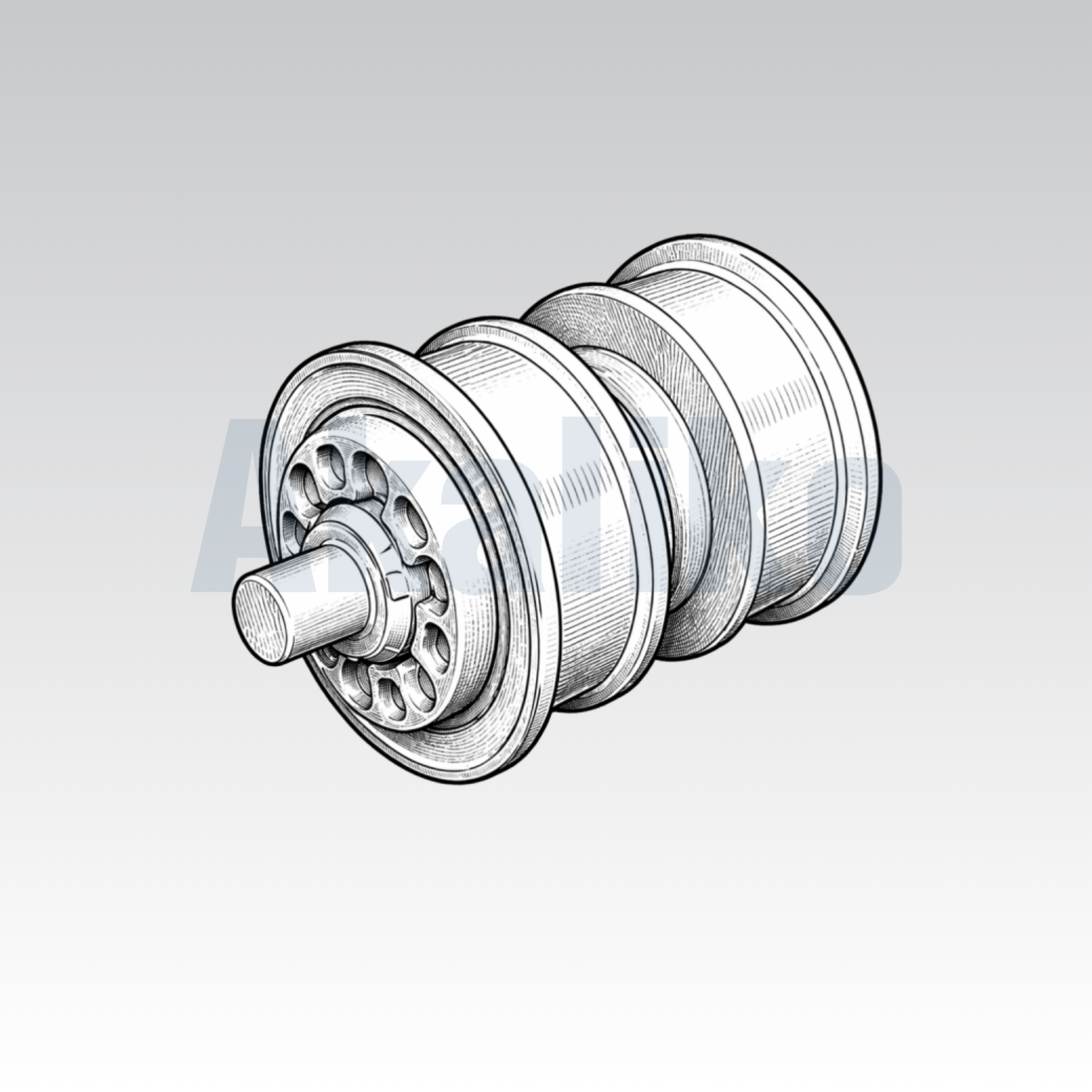 Akaliko placeholder image for a double flange track roller showing an artistically drawn track roller on a grey background with Akaliko watermark in blue.