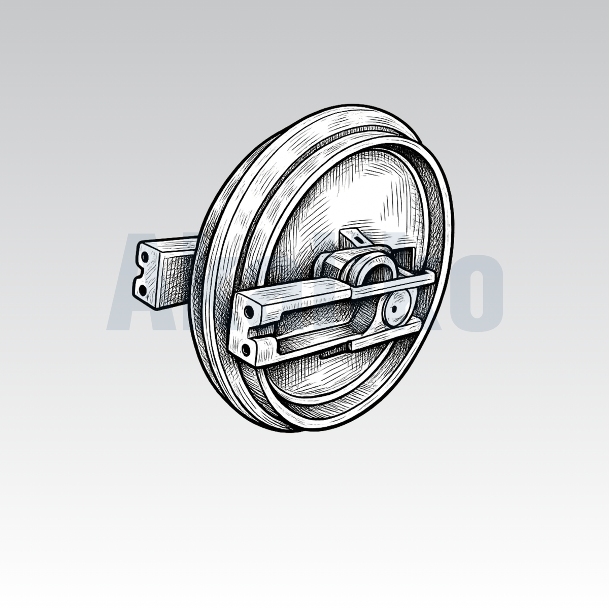 Akaliko placeholder image for an idler assembly showing an artistically drawn idler assembly on a grey background with Akaliko watermark in blue.