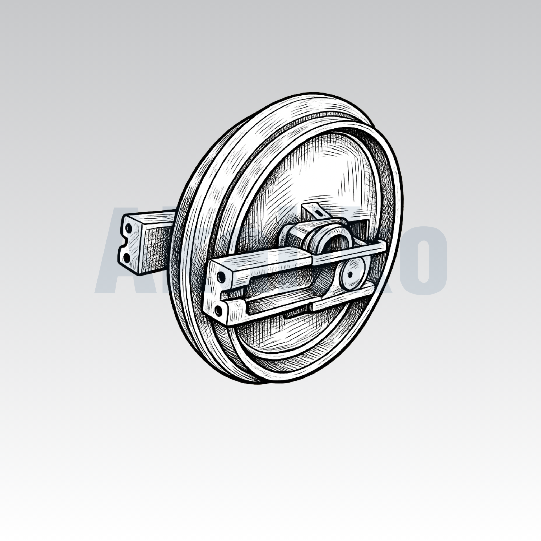 Akaliko placeholder image for an idler assembly showing an artistically drawn idler assembly on a grey background with Akaliko watermark in blue.
