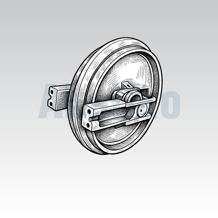 Akaliko placeholder image for an idler assembly showing an artistically drawn idler assembly on a grey background with Akaliko watermark in blue.