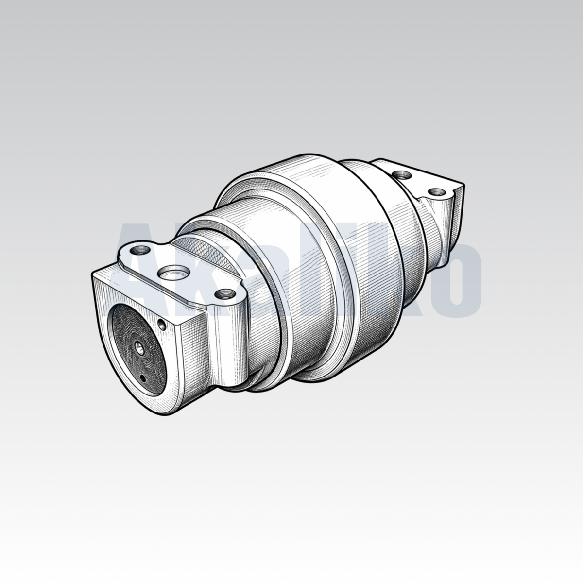 Akaliko placeholder image for a track roller showing an artistically drawn track roller with a protruding centre on a grey background with Akaliko watermark in blue.