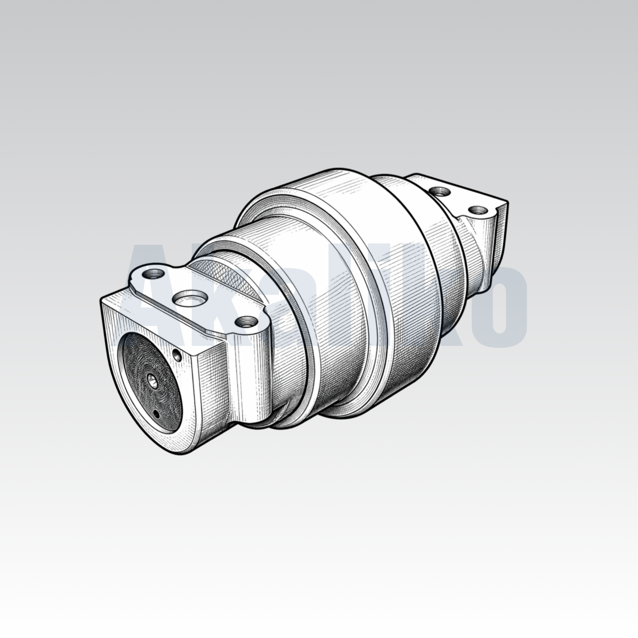 Akaliko placeholder image for a track roller showing an artistically drawn track roller with a protruding centre on a grey background with Akaliko watermark in blue.
