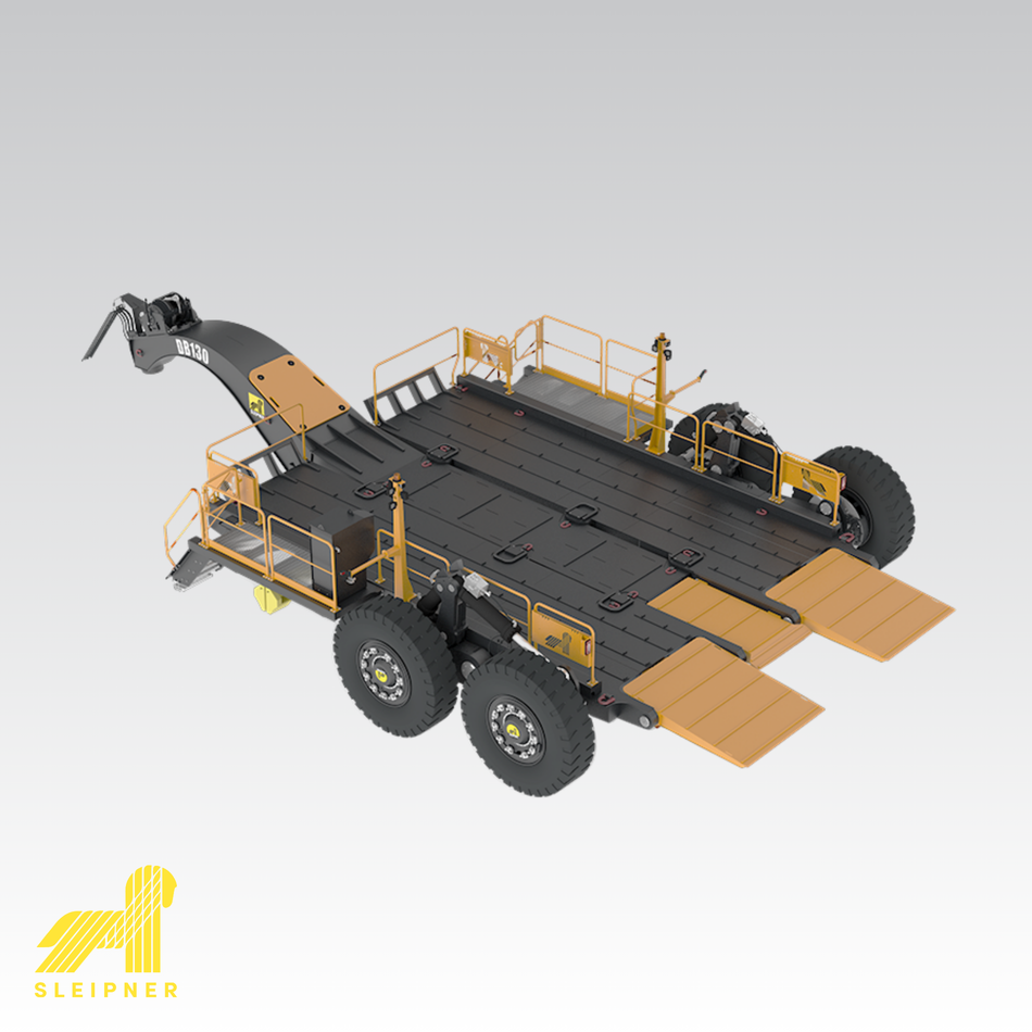 Product image for Sleipner DB130 lowbed trailer depicting an angled view of the trailer. Sleipner logo in the bottom left corner.
