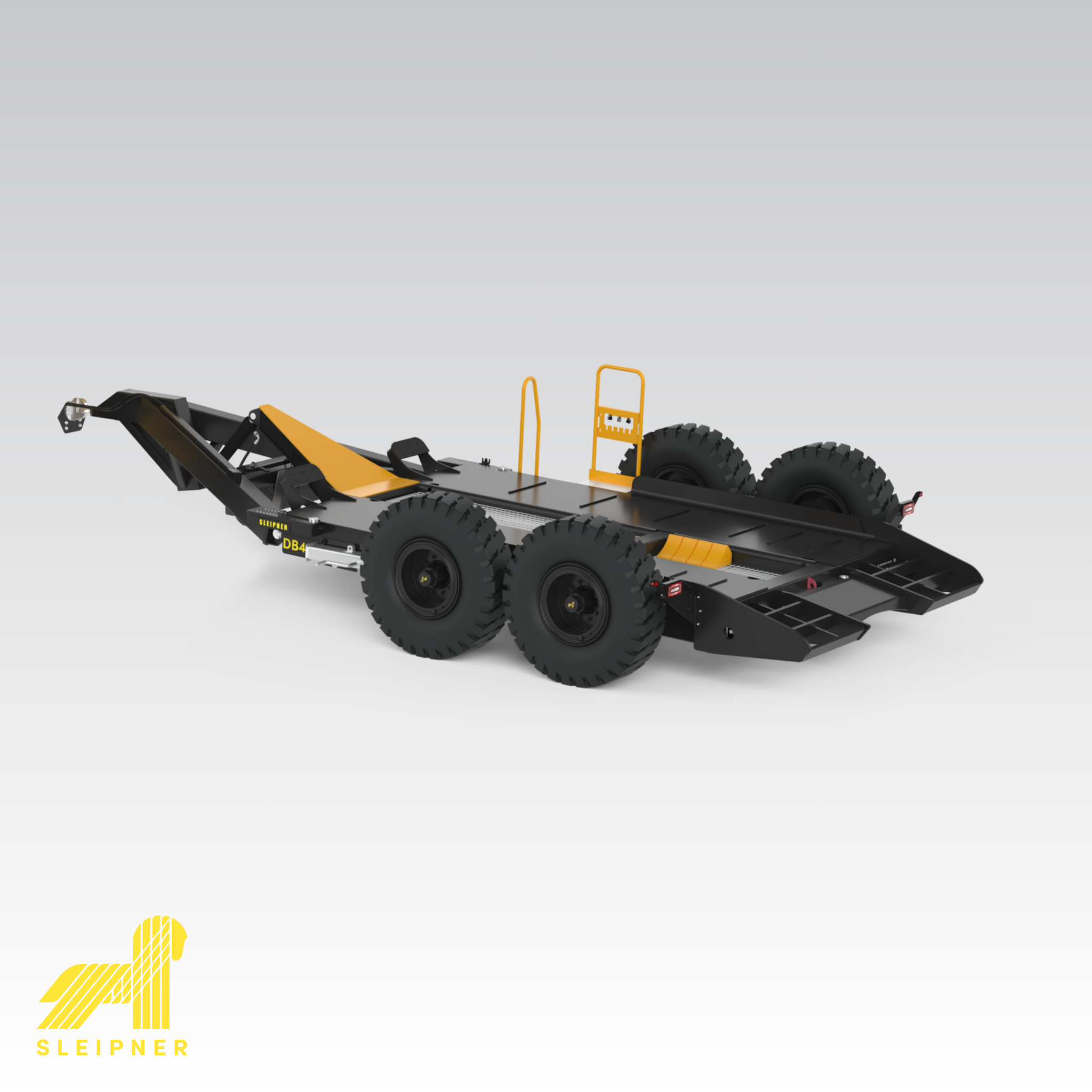 Product image for Sleipner DB45 lowbed trailer depicting an angled view of the trailer. Sleipner logo in the bottom left corner.
