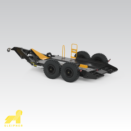 Product image for Sleipner DB45 lowbed trailer depicting an angled view of the trailer. Sleipner logo in the bottom left corner.
