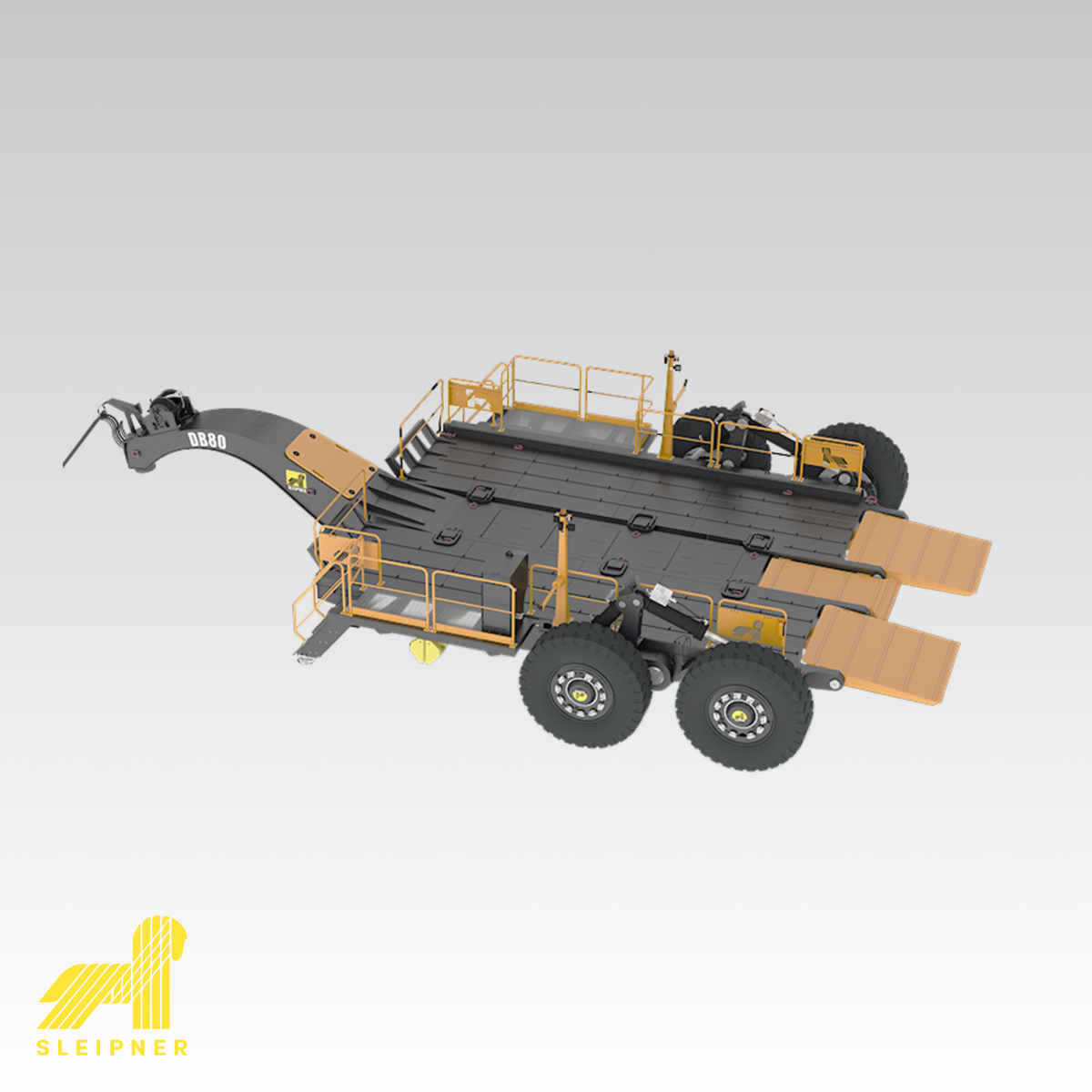 Product image for Sleipner DB80 lowbed trailer depicting an angled view of the trailer. Sleipner logo in the bottom left corner.