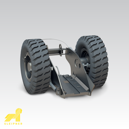 Product image for Sleipner E120 dollies depicting a single unit with 2 wheels with Sleipner logo in the bottom left corner.