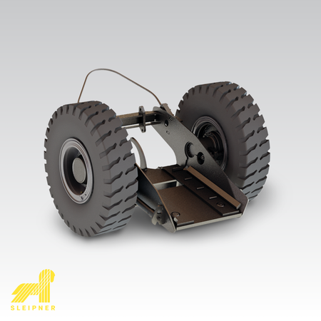 Product image for Sleipner E70 dollies depicting a single unit with 2 wheels with Sleipner logo in the bottom left corner.