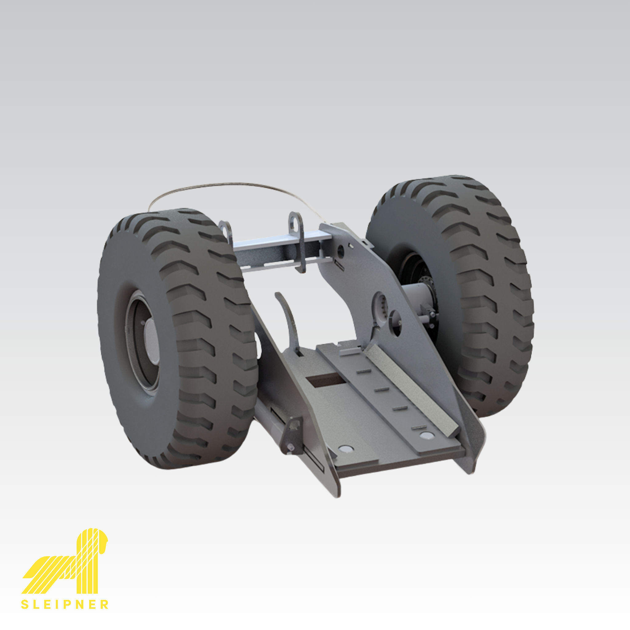 Product image for Sleipner E90 dollies depicting a single unit with 2 wheels with Sleipner logo in the bottom left corner.