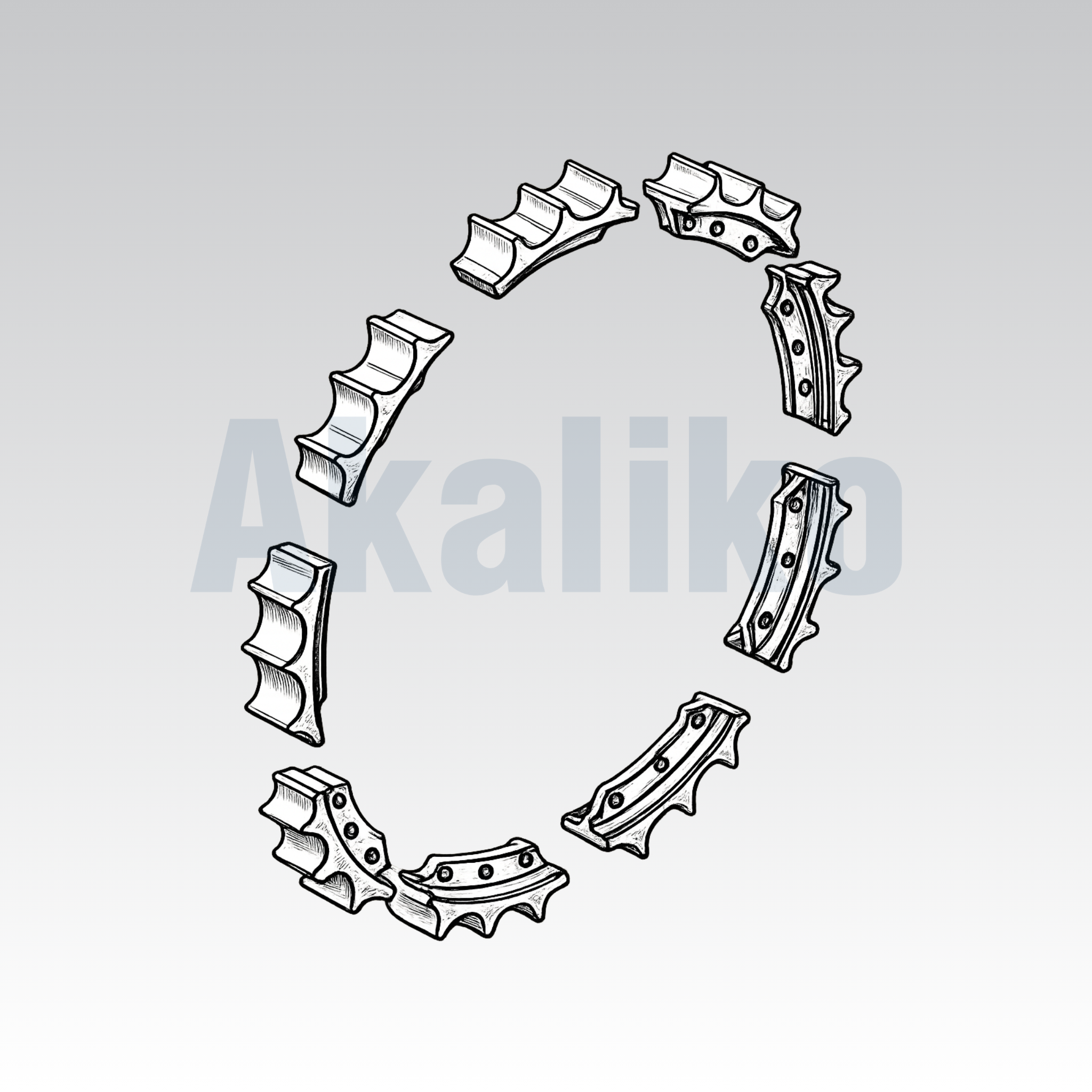 Akaliko product placeholder image for sprocket segment assembly featuring an angled 3D view of a segmented sprocket on grey gradient background.