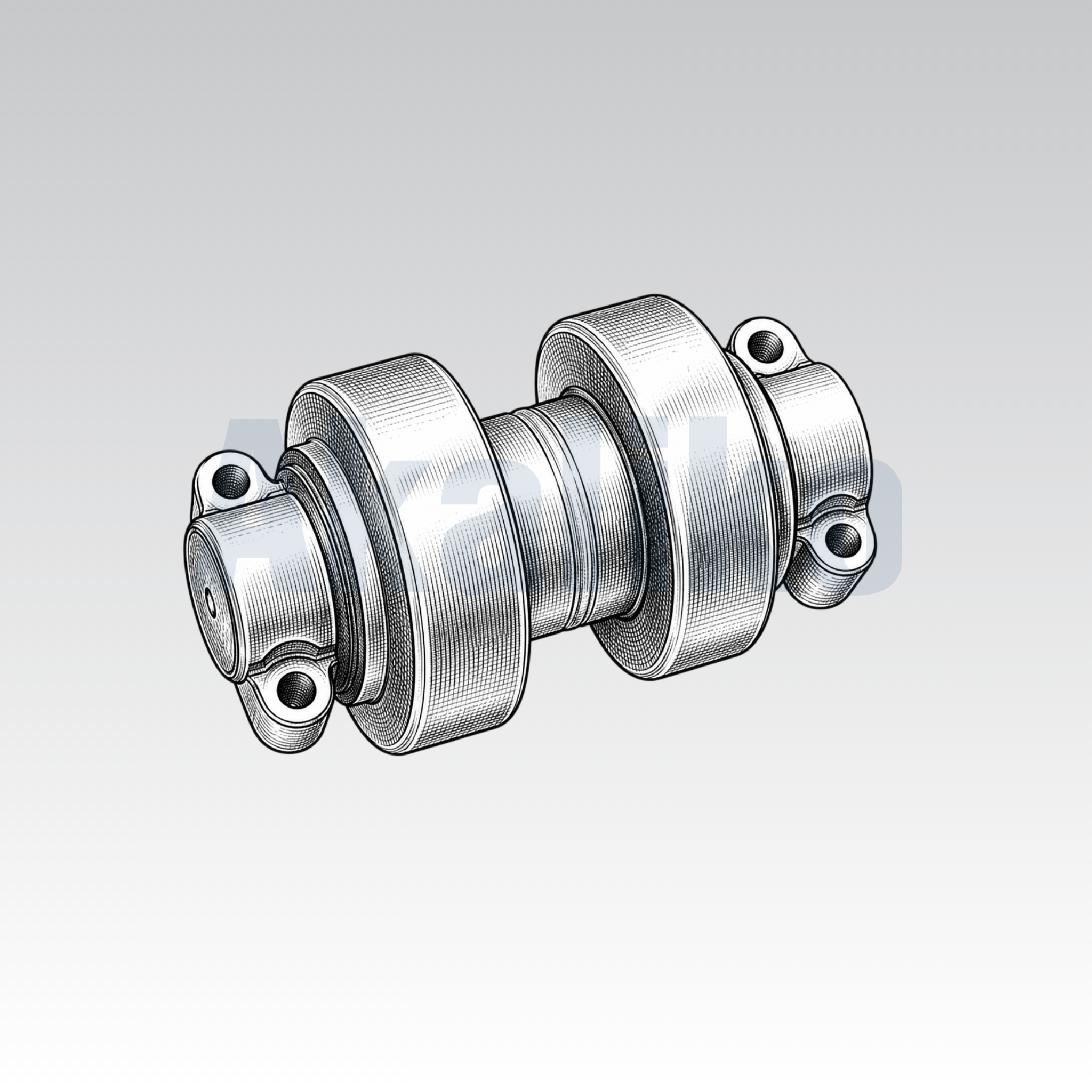 Akaliko placeholder image for a track roller showing an artistically drawn roller with thick single flange on each side on a grey background with Akaliko watermark in blue.