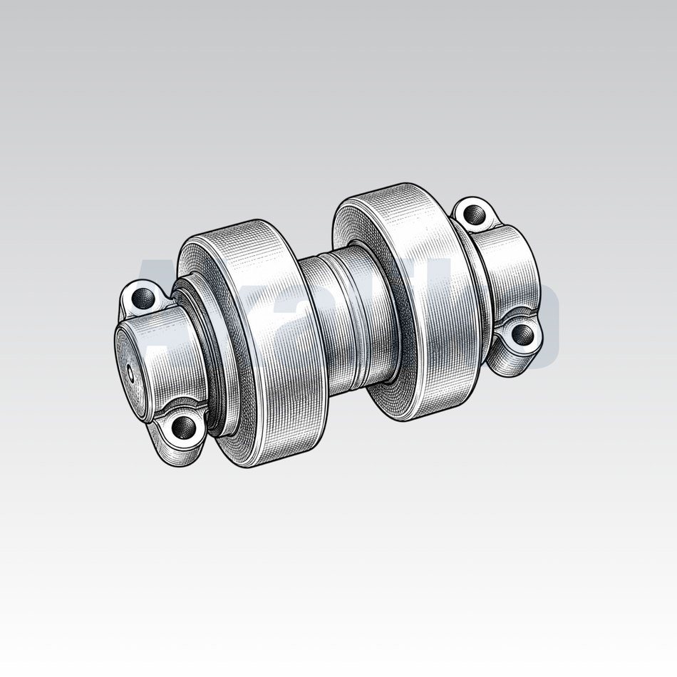 Akaliko placeholder image for a track roller showing an artistically drawn roller with thick single flange on each side on a grey background with Akaliko watermark in blue.
