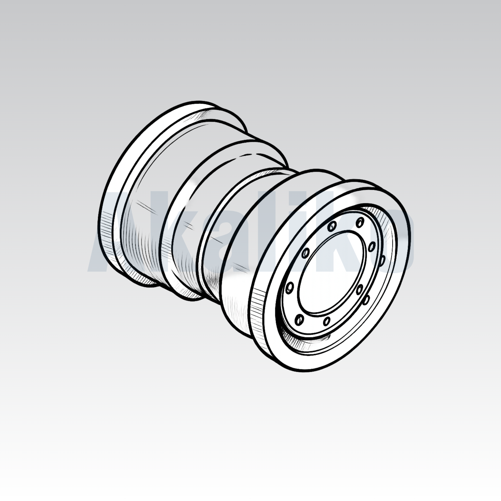 Akaliko product placeholder image for track roller featuring an angled 3D view of a track roller on grey gradient background.