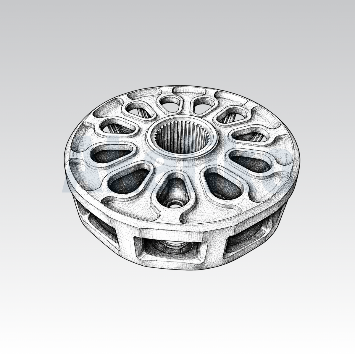 Akaliko placeholder image for a tumbler showing an artistically drawn drive wheel on a grey background with Akaliko watermark in blue.
