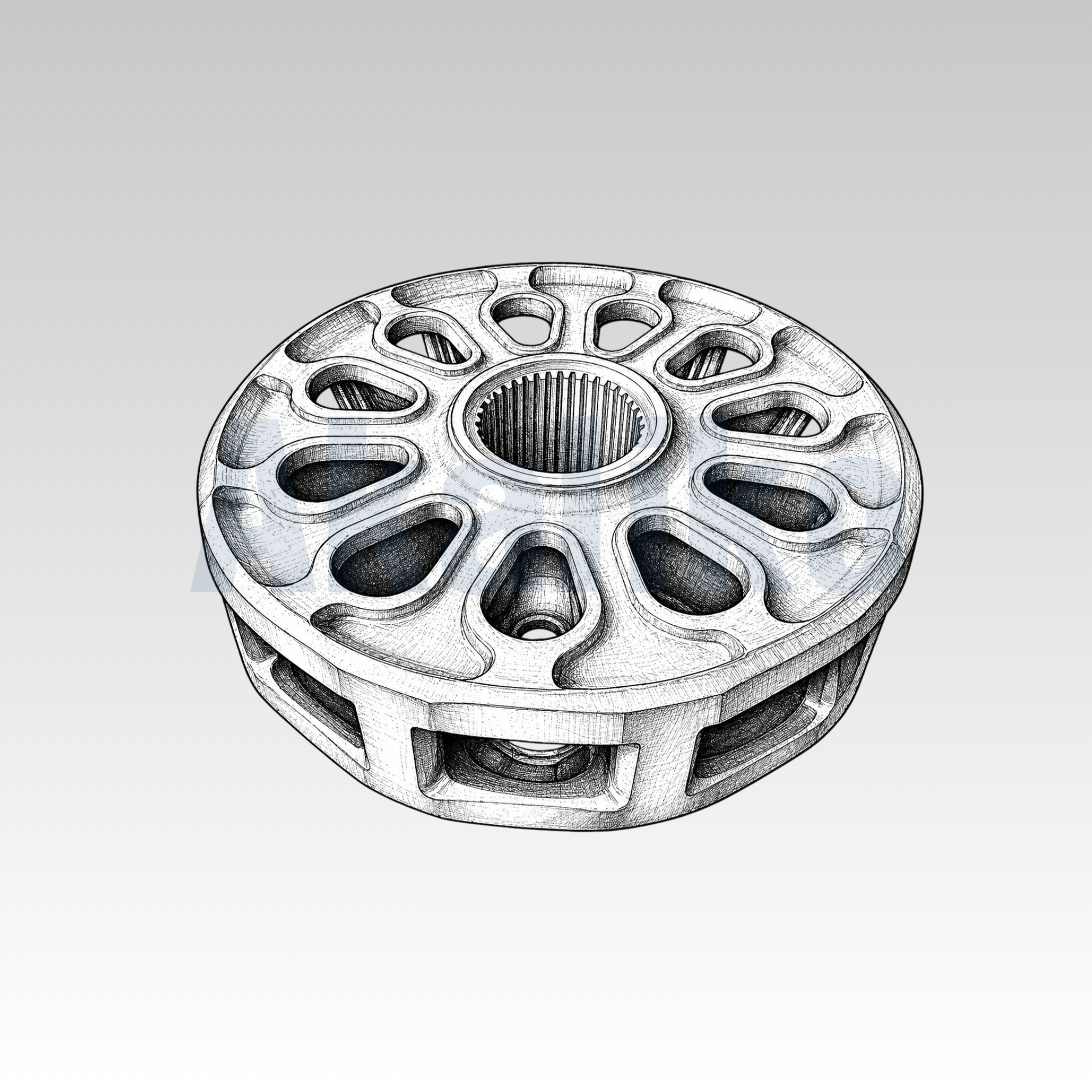 Akaliko placeholder image for a tumbler showing an artistically drawn drive wheel on a grey background with Akaliko watermark in blue.