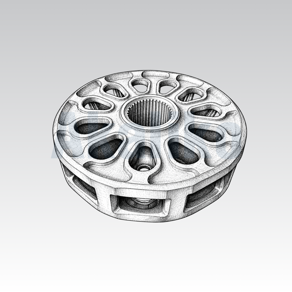 Akaliko placeholder image for a tumbler showing an artistically drawn drive wheel on a grey background with Akaliko watermark in blue.